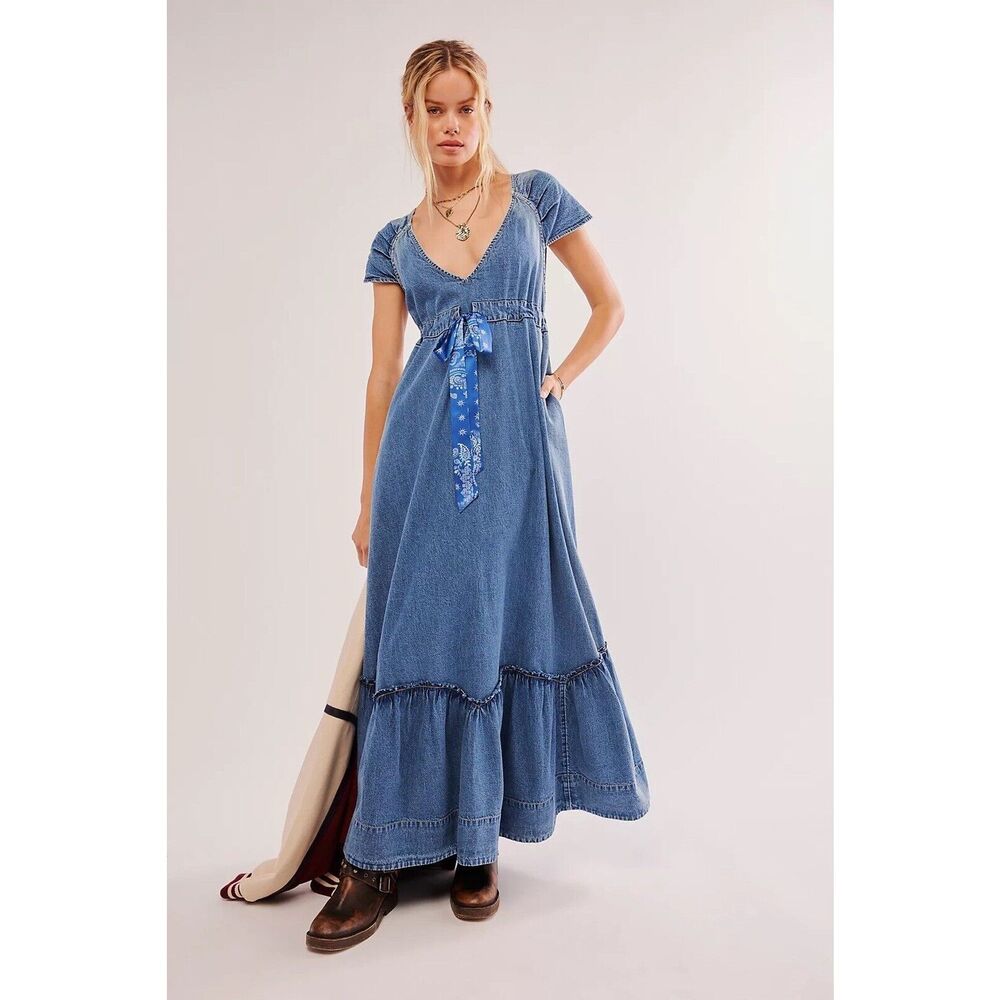 NWT Free People Roucha Maxi Dress Blue Shadow Tie Waist V Neck Denim Size Xs